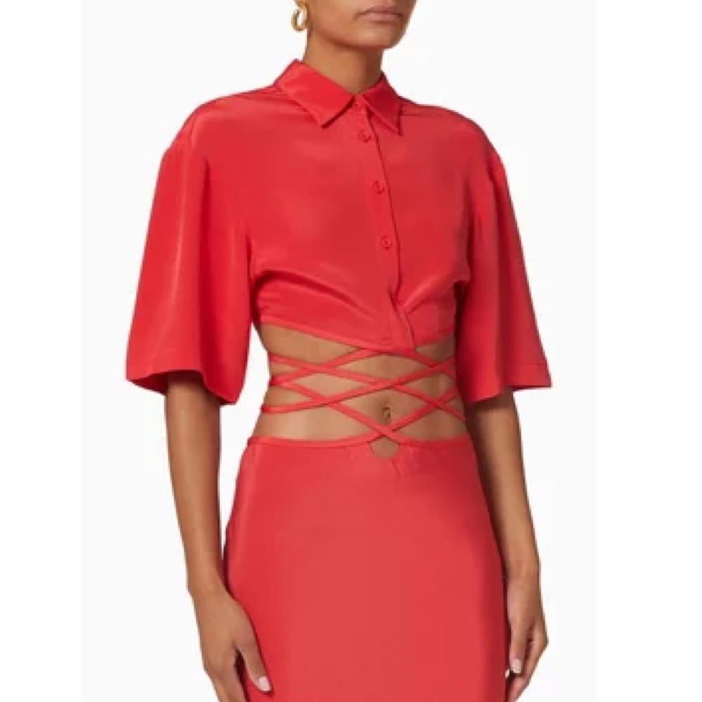 Christopher Esber red silk cropped wraparound tie shirt in chilli NWT